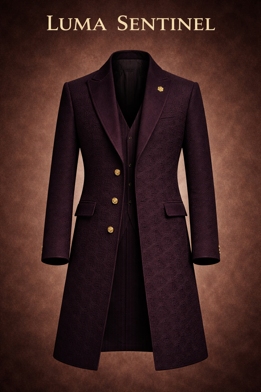 LumaFonds® Sentinel Mid-Length Coat — Oxblood Jacquard Edition
