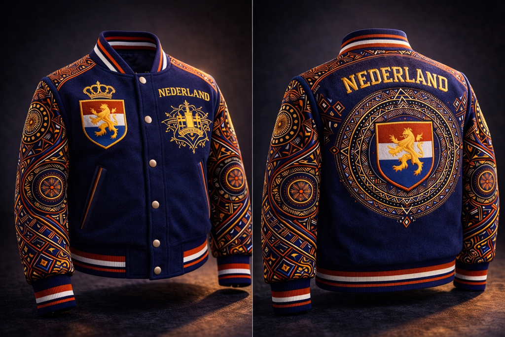 LumaFonds® Nation Series “Nederland Crest – Structural Form” Varsity Jacket — Open Edition