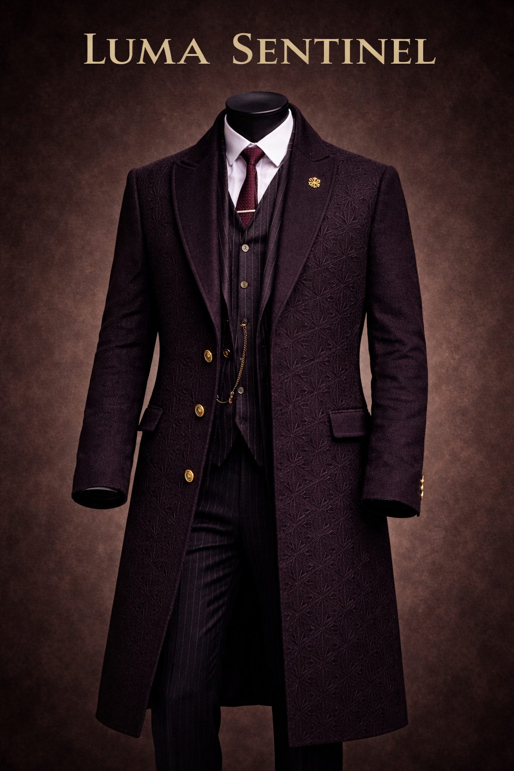 LumaFonds® Sentinel Mid-Length Coat — Oxblood Jacquard Edition