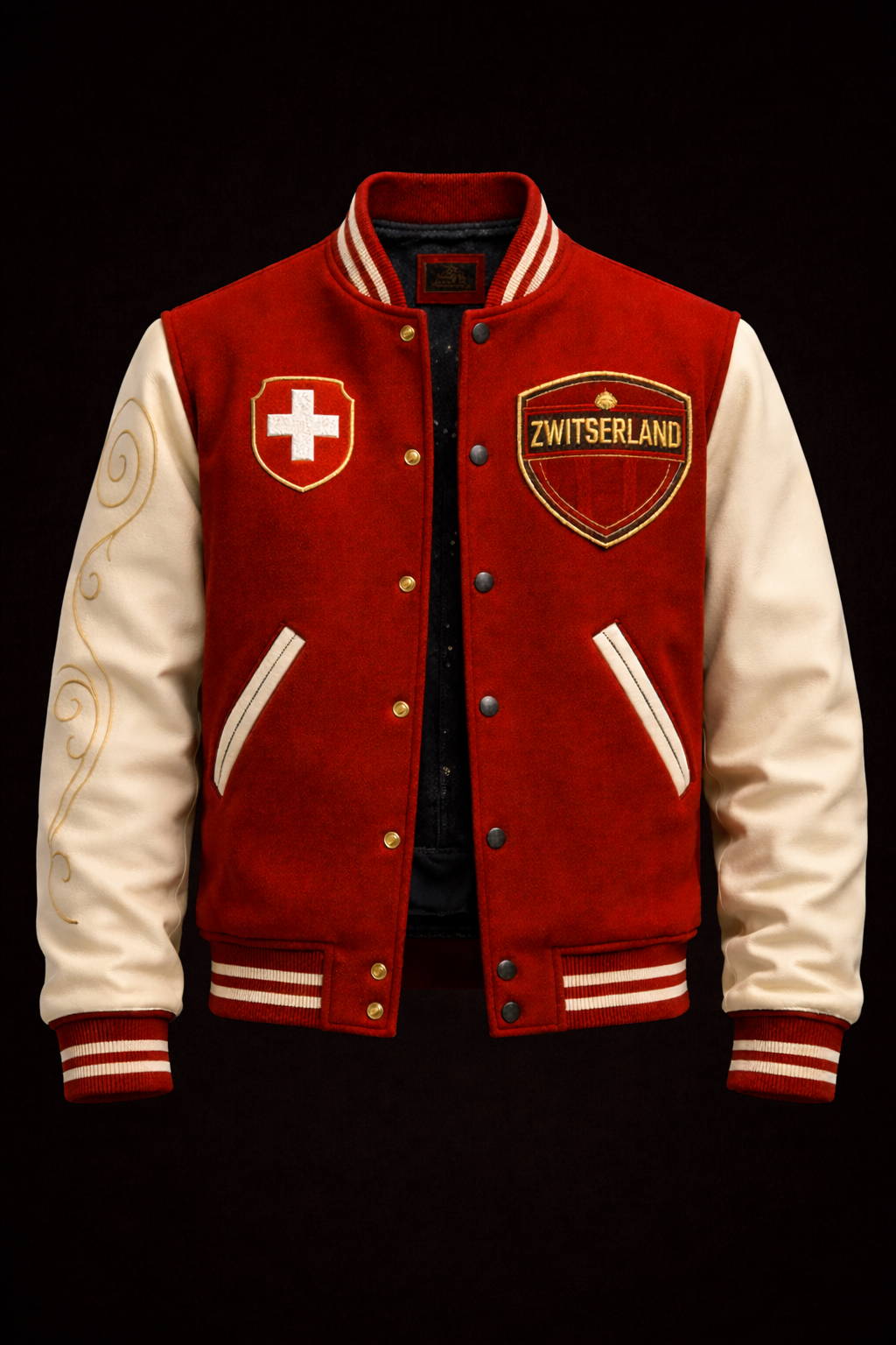 LumaFonds Nation Series Switzerland Crest Varsity Jacket — Leather Sleeves