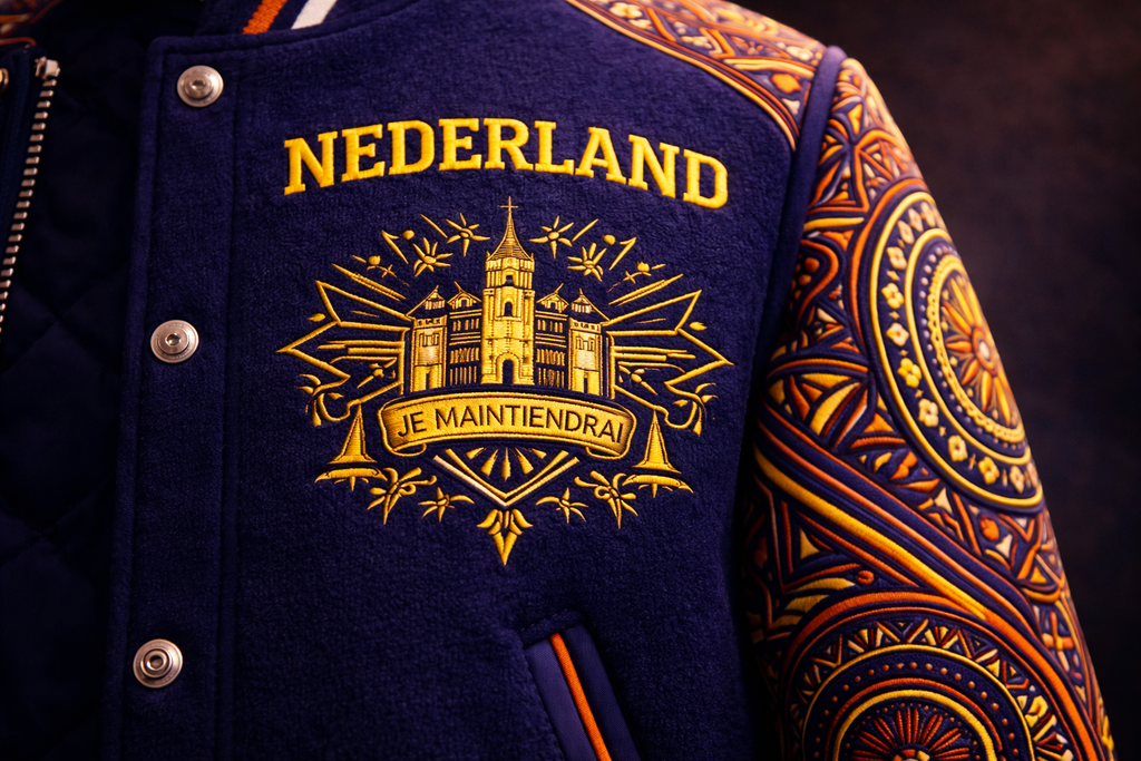 LumaFonds® Nation Series “Nederland Crest – Structural Form” Varsity Jacket — Open Edition