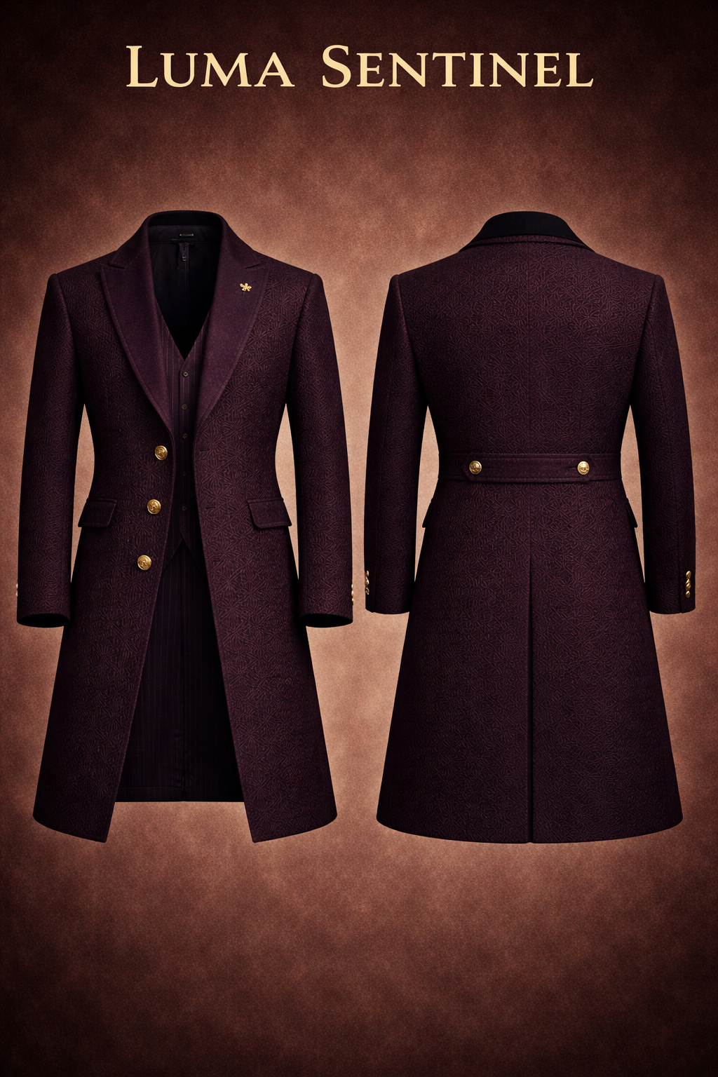 LumaFonds® Sentinel Mid-Length Coat — Oxblood Jacquard Edition