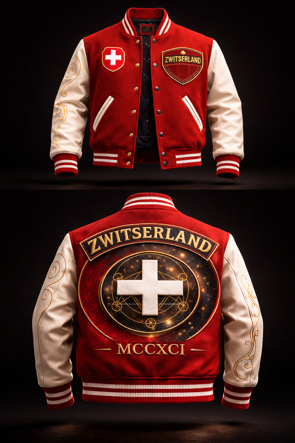 LumaFonds Nation Series Switzerland Crest Varsity Jacket — Leather Sleeves