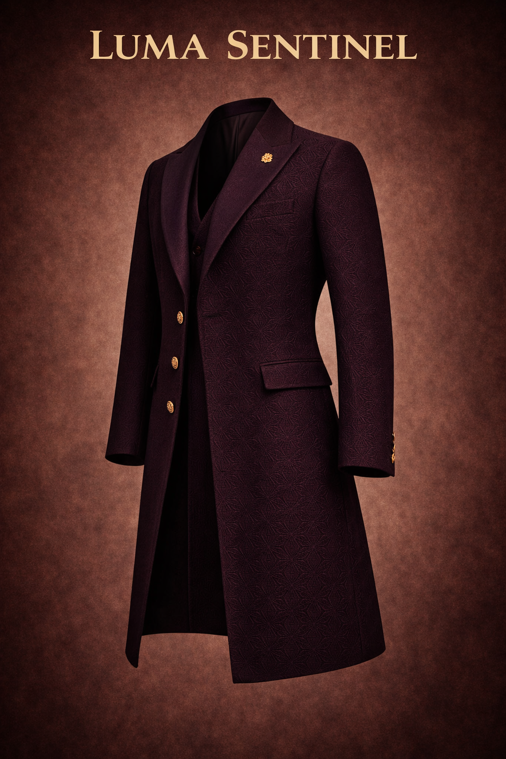 LumaFonds® Sentinel Mid-Length Coat — Oxblood Jacquard Edition