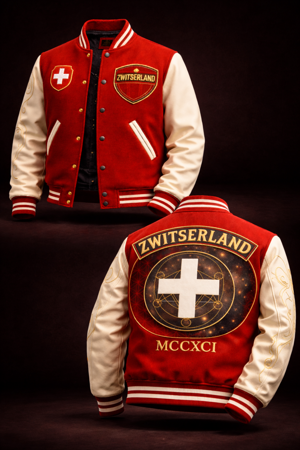 LumaFonds Nation Series Switzerland Crest Varsity Jacket — Leather Sleeves