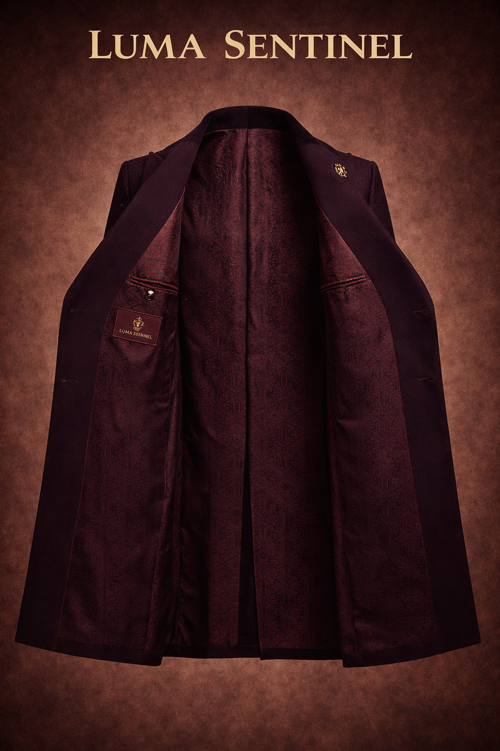 LumaFonds® Sentinel Mid-Length Coat — Oxblood Jacquard Edition