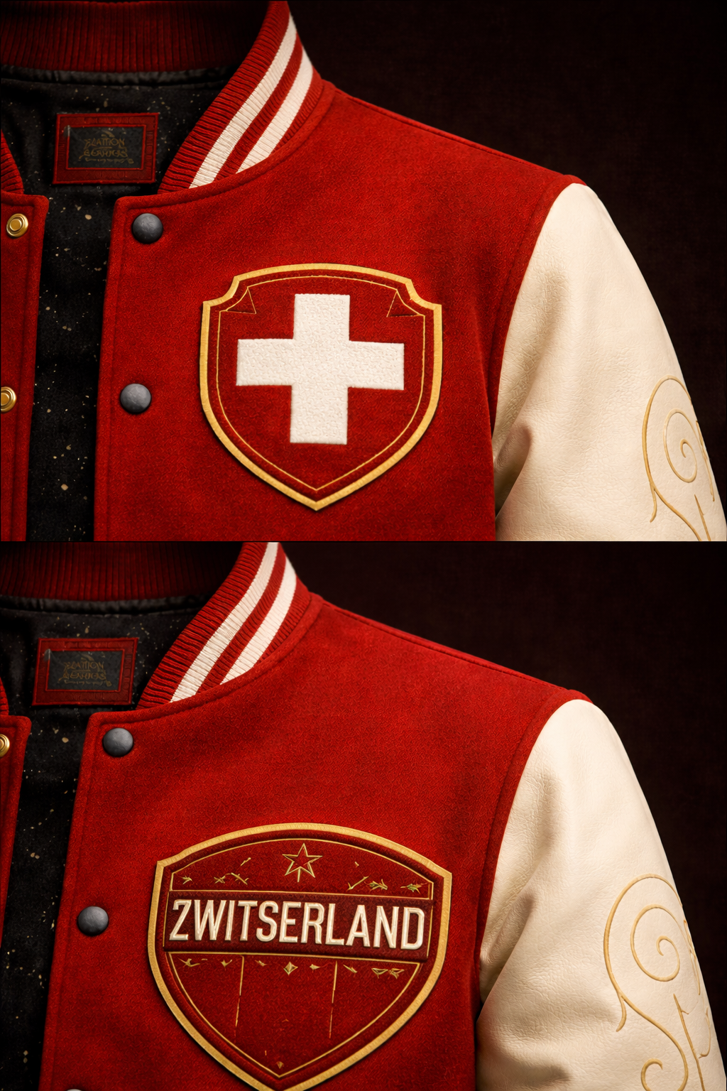 LumaFonds Nation Series Switzerland Crest Varsity Jacket — Leather Sleeves