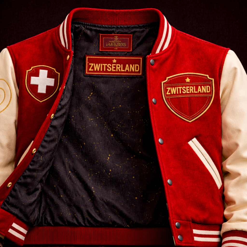 LumaFonds Nation Series Switzerland Crest Varsity Jacket — Leather Sleeves