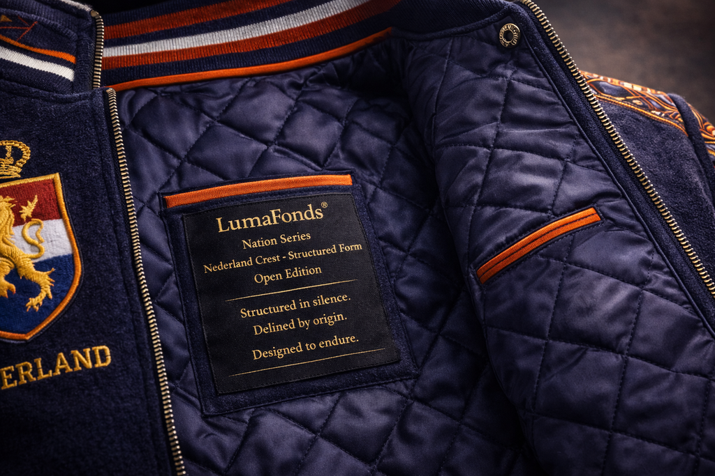 LumaFonds® Nation Series “Nederland Crest – Structural Form” Varsity Jacket — Open Edition